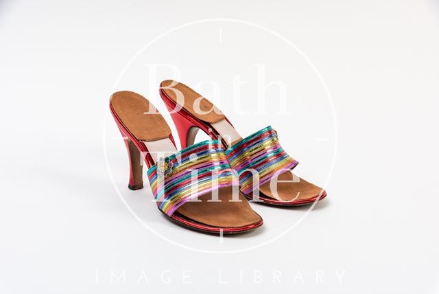 Rainbow-striped mules decorated with a flower-shaped jewel, 1960s