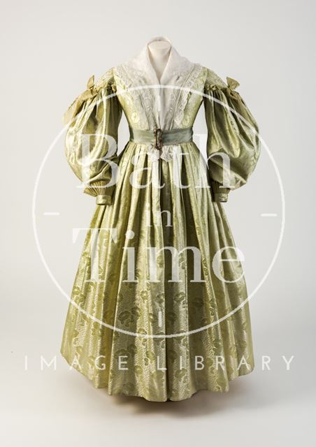 Light green silk dress with puffed gigot sleeves, c.1835