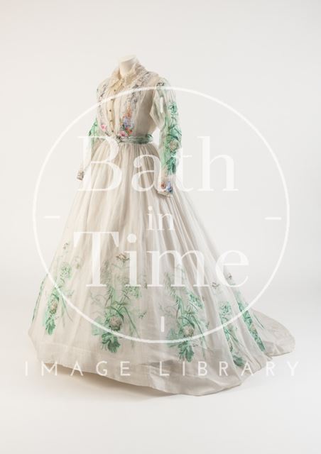 White cotton muslin dress with green floral print design, 1860s