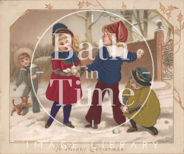 Children in the snow Christmas card, c.1885