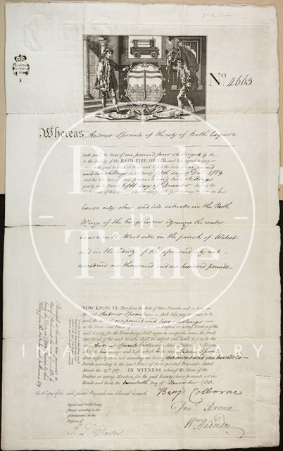 Bath Fire Office Certificate for 13, The Circus 1789