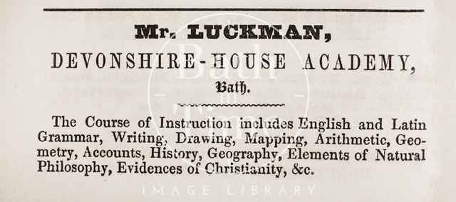 Mr. Luckman, Devonshire House Academy, Wells Road, Bath 1841