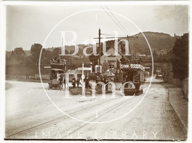 Bridge Farm, Bathford showing car No. 28 electric tram and early motor bus c.1906