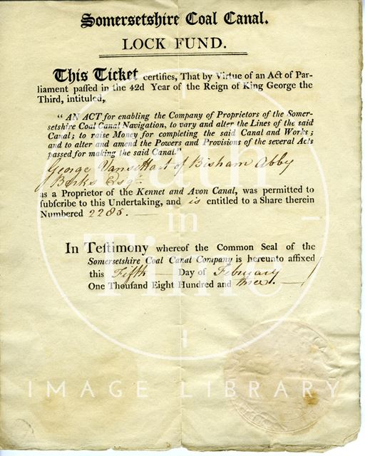 Somersetshire Coal Canal Lock Fund Certificate Ticket 1803