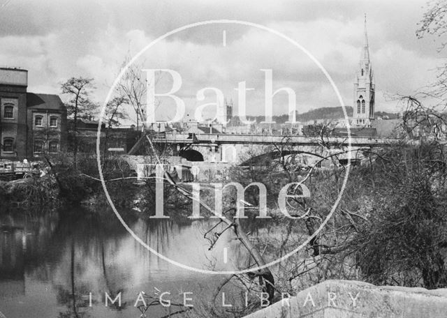 View towards St. James's railway bridge across the River Avon, Widcombe, Bath 1956