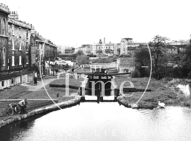 General View looking downstream over Chapel Lock, Widcombe, Bath 1956