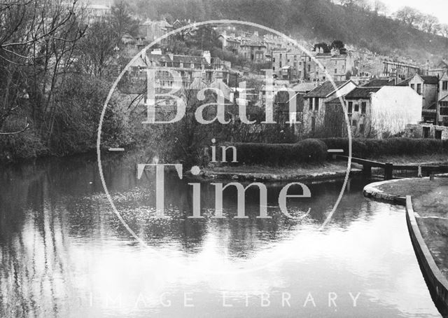 General view looking southwest of upstream side of Bridge Lock, Widcombe, Bath 1956