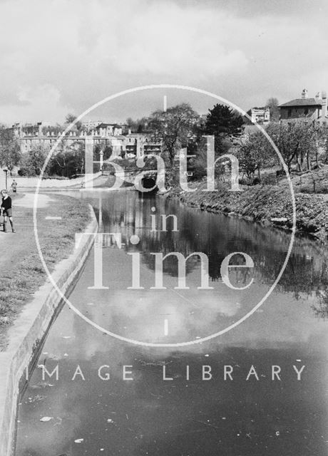 General view looking upstream to Horseshoe Walk Bridge, Bathwick, Bath 1956