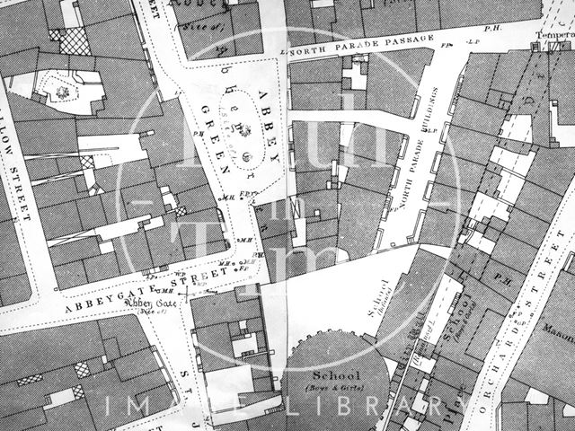 Abbey Green, Abbeygate Street, North Parade Passage, Bath 1:500 OS map 1886 - detail