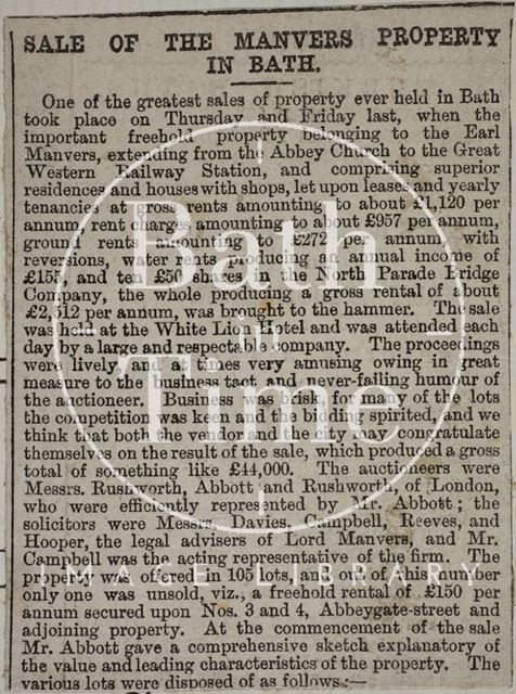 The Manvers Estate sale, Bath 1874