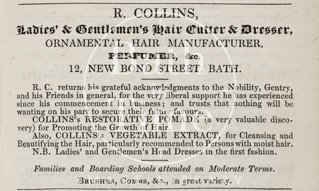 R. Collins Ladies' and Gentleman's Hair Cutter and Dresser, 12, New Bond Street, Bath 1835