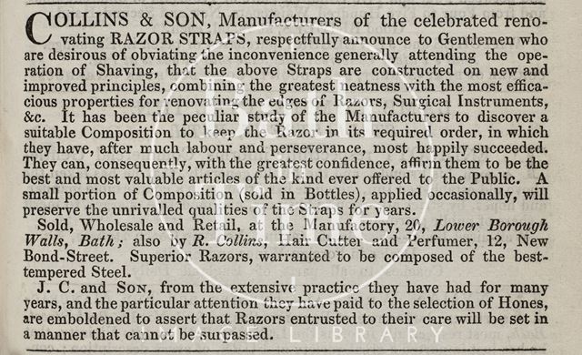 J. Collins & Son, manufacturers of the celebrated razor straps, 20, Lower Borough Walls, Bath 1836