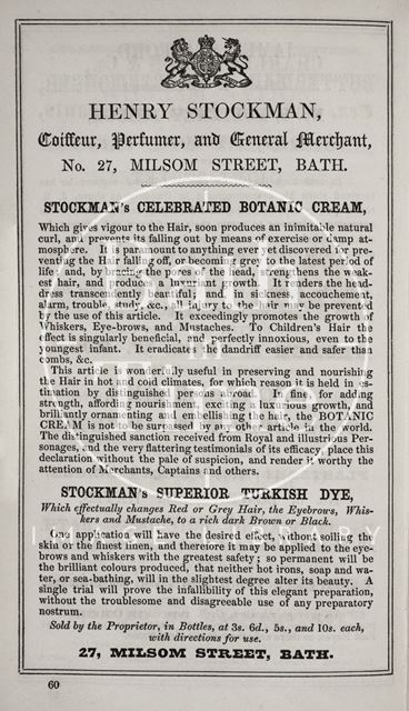 Henry Stockman, Coiffeur, Perfumer and General Merchant, 27, Milsom Street, Bath 1849