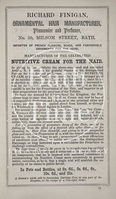 R. Finigan, Ornamental Hair Manufacturer, 30, Milsom Street, Bath 1850