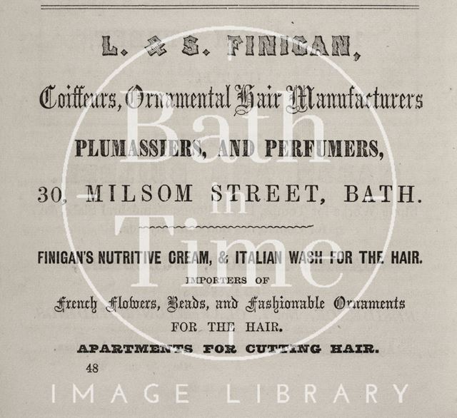 L. & S. Finigan, Coiffeurs, Ornamental Hair Manufacturers, 30, Milsom Street, Bath 1856