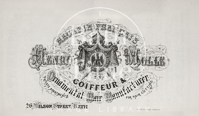 Henri Molle, Coiffeur & Ornamental Hair Manufacturer, 26, Milsom Street, Bath 1860