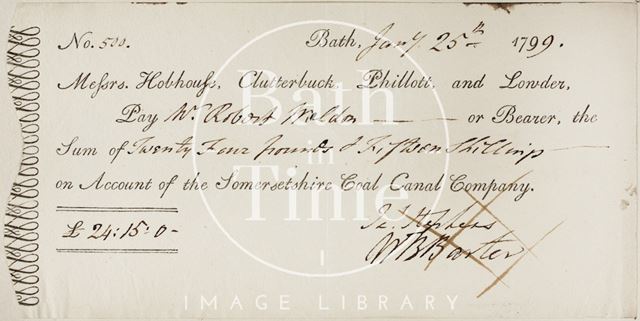 Cheque paid to Robert Wheldon, Somersetshire Coal Canal 1799