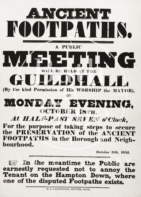 A Public Notice. Ancient Footpaths. A Public Meeting will be Held at the Guildhall, Bath 1852