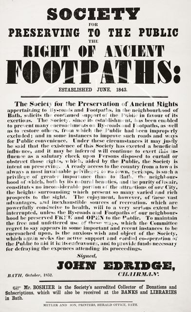 A Public Notice. Society for Preserving to the Public the Right of Ancient Footpaths, Bath 1852