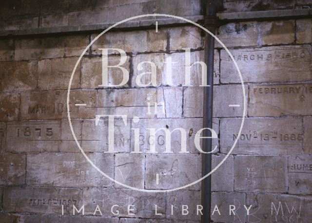 Flood marks on the towpath under the railway footbridge, Widcombe, Bath 1964