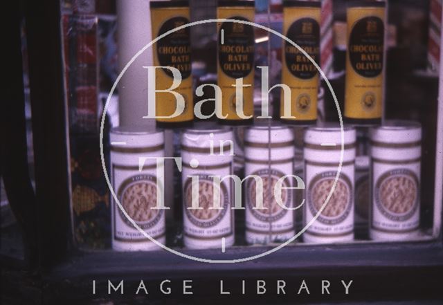 Bath made Oliver biscuits in Cater Stoffell & Fortt's window, High Street, Bath 1964