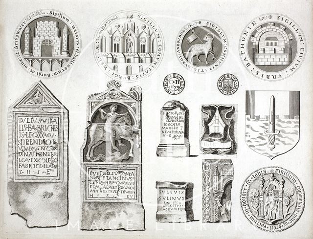 Illustrations of Roman remains and city seals, Bath 1791