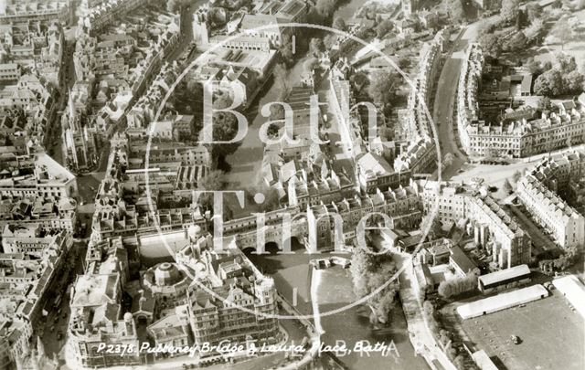 Aerial view of Pulteney Bridge, Laura Place and the Recreation Ground, Bath c.1950