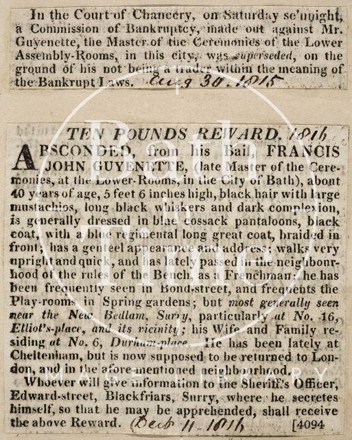 The bankruptcy and absconding of Francis Guyenette, Bath 1816