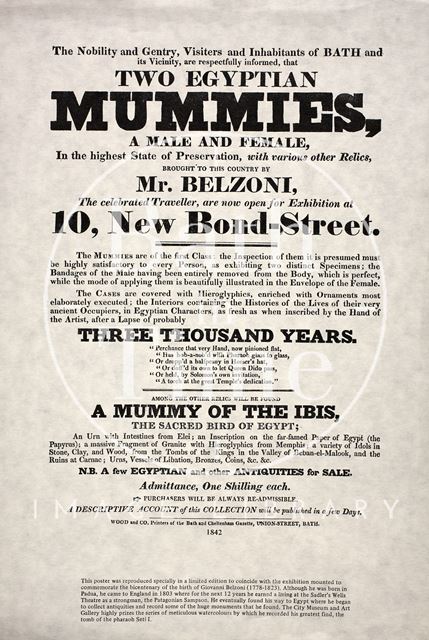 Two Egyptian Mummies exhibition, 10, New Bond Street, Bath 1842