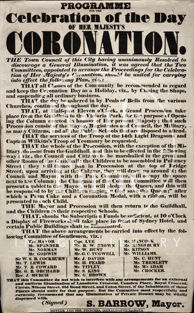 Programme for the celebration of Her Majesty's Coronation, Bath 1838