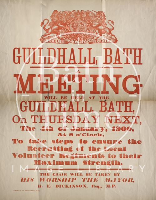 Meeting for the recruiting of Local Volunteer Regiments poster, Guildhall, Bath 1900