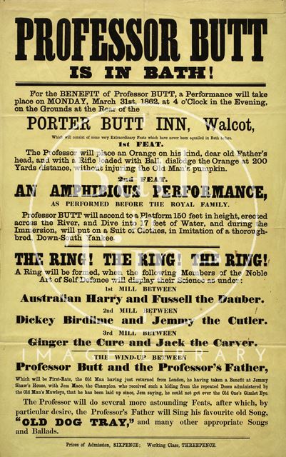 A performance of amazing feats by Professor Butt at the Porter Butt Inn, Walcot, Bath 1862