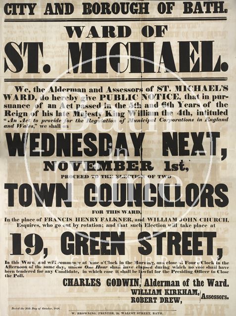 Election of two town councillors in the Ward of St. Michael, Bath 1848