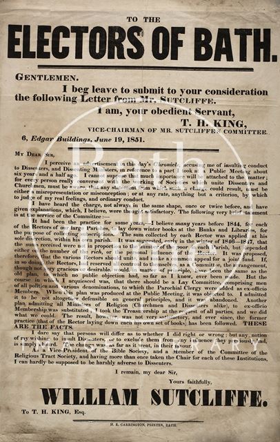 To the Electors of Bath, letter from William Sutcliffe 1851