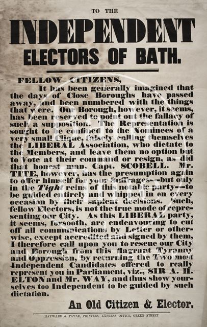 To the Independent Electors of Bath, vote for Sir A.H. Elton and Mr. Way 1857