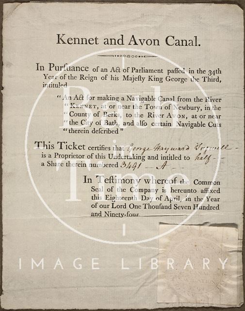 Kennet and Avon Canal share certificate 1791