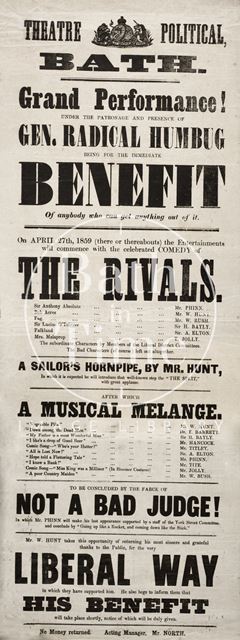 Grand performance of the Rivals under the patronage and presence of Gen. Radical Humbug, Theatre Political, Bath 1859