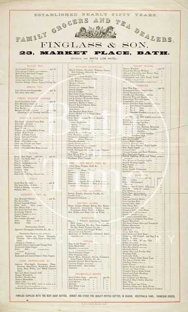 Finglass & Son, Family Grocers and Tea Dealers, 23, Market Place, Bath c.1870