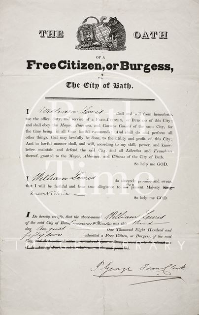 The Oath of a Free Citizen, or Burgess, of the City of Bath 1852