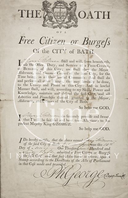 The Oath of a Free Citizen, or Burgess, of the City of Bath 1798