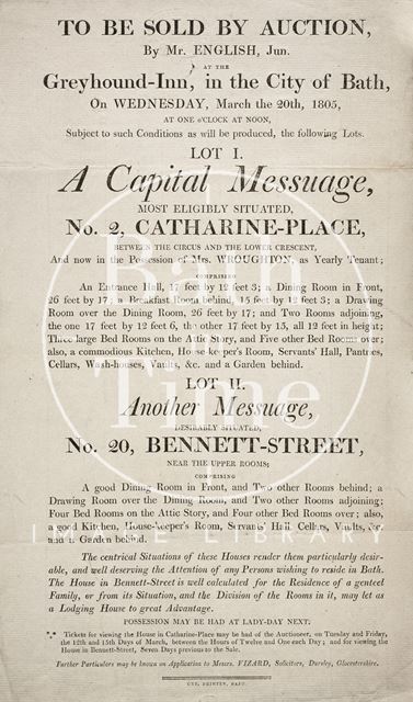 Property auction notice for 2, Catharine Place and 20, Bennett Street, Bath 1805