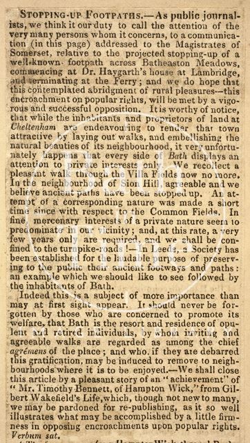 Stopping up footpaths from Lambridge, Bath to Bathampton Ferry 1826