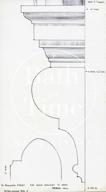 Wooden bracket to arch across hall, 22, Ballance Street, Bath 1969