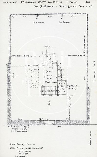 Second floor plan, warehouse, 27, Ballance Street, Bath 1969