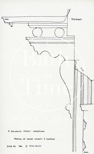 Profile of wooden door canopy and console, 8, Ballance Street, Bath 1968