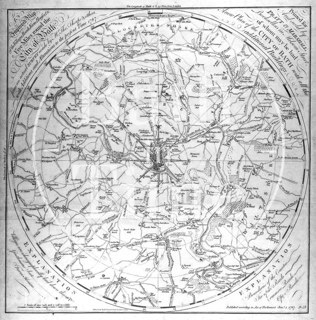 An Improved Map of the Villages, Roads, Farm Houses &c. Five Miles round the City of Bath 1787