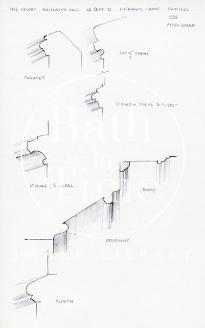 Front entrance profiles, the Priory, Bathwick Hill, Bath 1972