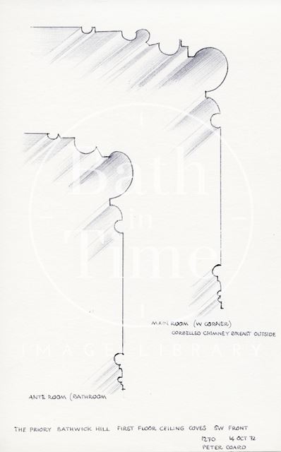 First floor ceiling coves, the Priory, Bathwick Hill, Bath 1972