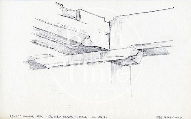 Crossed beams in hall, Ashley Manor, Box, Wiltshire 1976