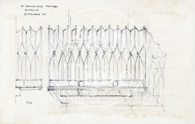 Ironwork on first floor, 26, Brougham Hayes (previously 8, Twerton Hayes Buildings), East Twerton, Bath 1965